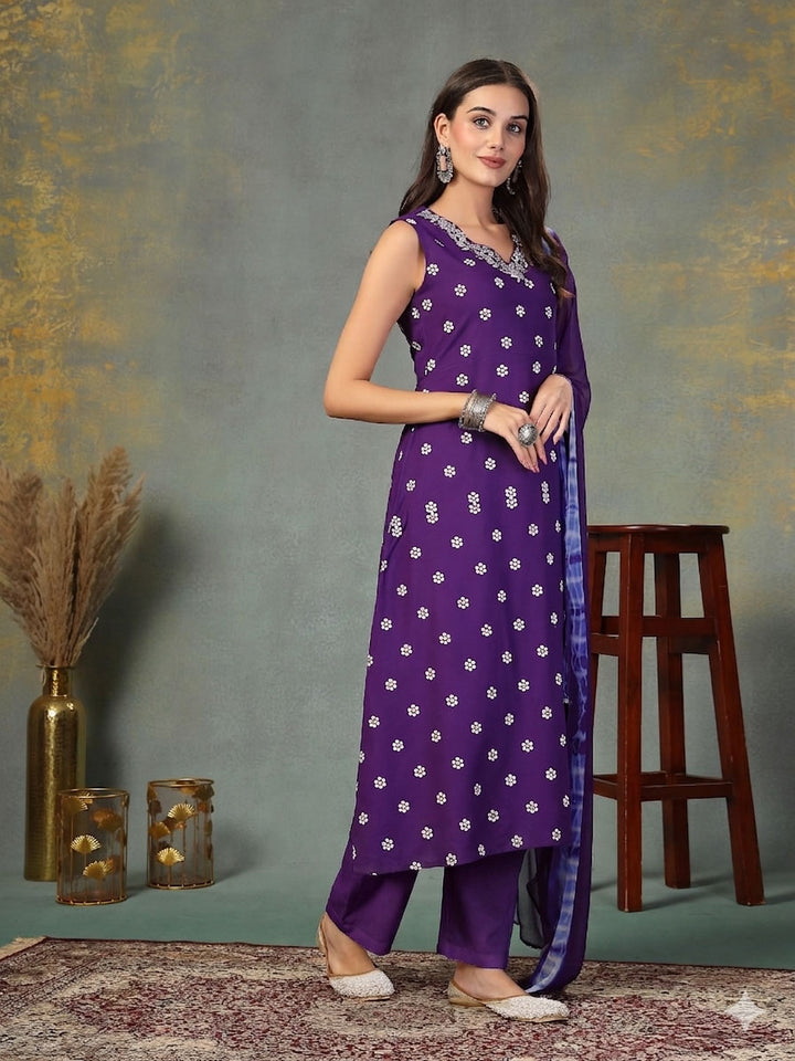 Floral Printed &amp; Embroidered Rayon A-Line Kurta Pant Dupatta Set
