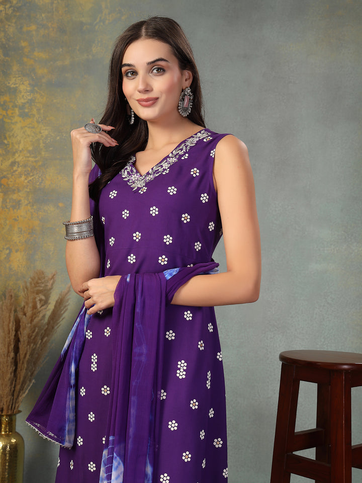 Floral Printed &amp; Embroidered Rayon A-Line Kurta Pant Dupatta Set