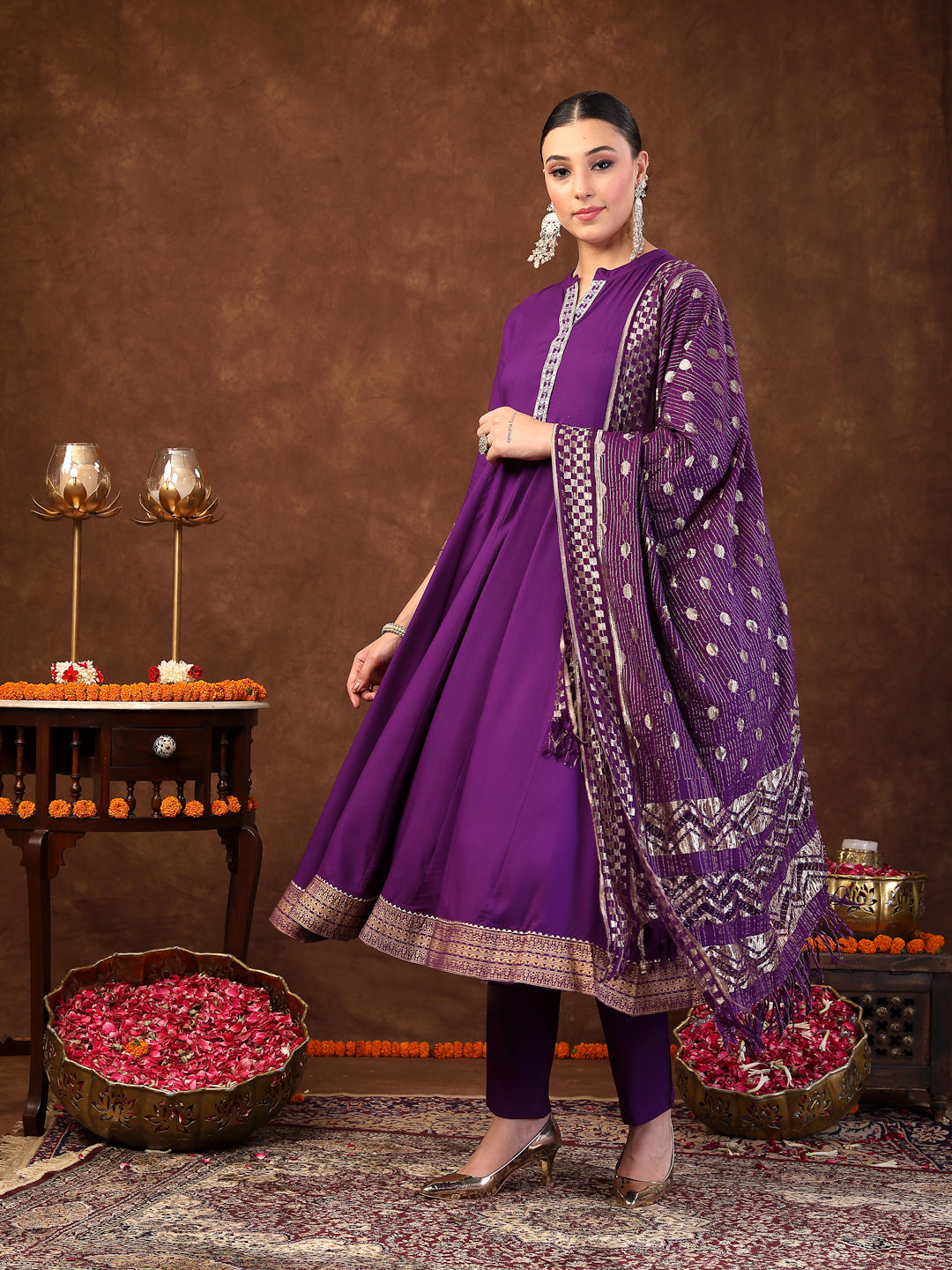 Violet Solid &amp; Embroidered Rayon Anarkali Kurta Pant Dupatta Set