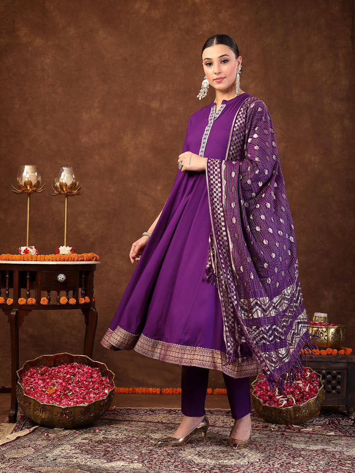 Violet Solid &amp; Embroidered Rayon Anarkali Kurta Pant Dupatta Set