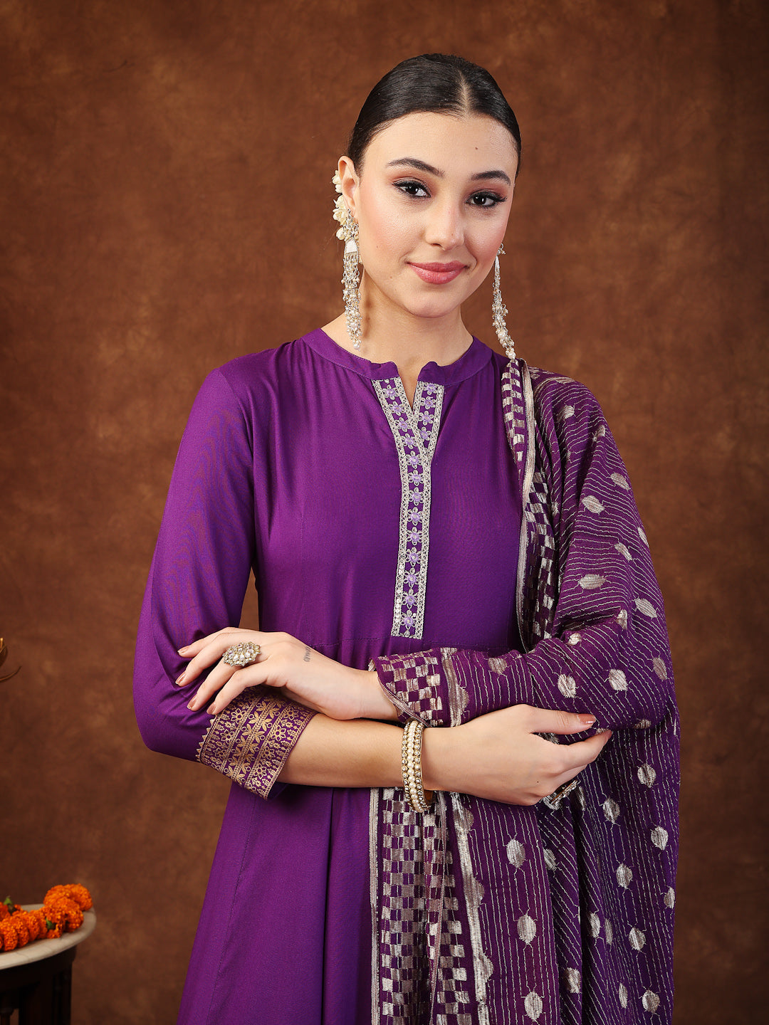 Violet Solid &amp; Embroidered Rayon Anarkali Kurta Pant Dupatta Set