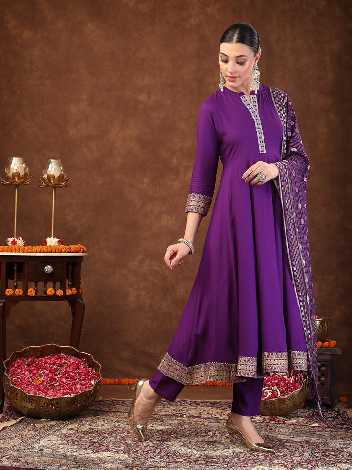 Violet Solid &amp; Embroidered Rayon Anarkali Kurta Pant Dupatta Set
