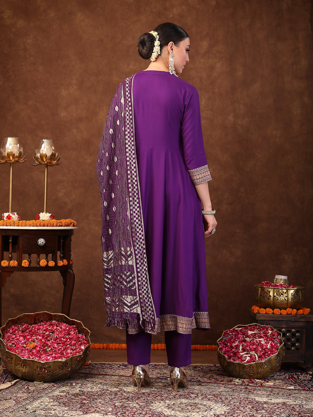 Violet Solid &amp; Embroidered Rayon Anarkali Kurta Pant Dupatta Set