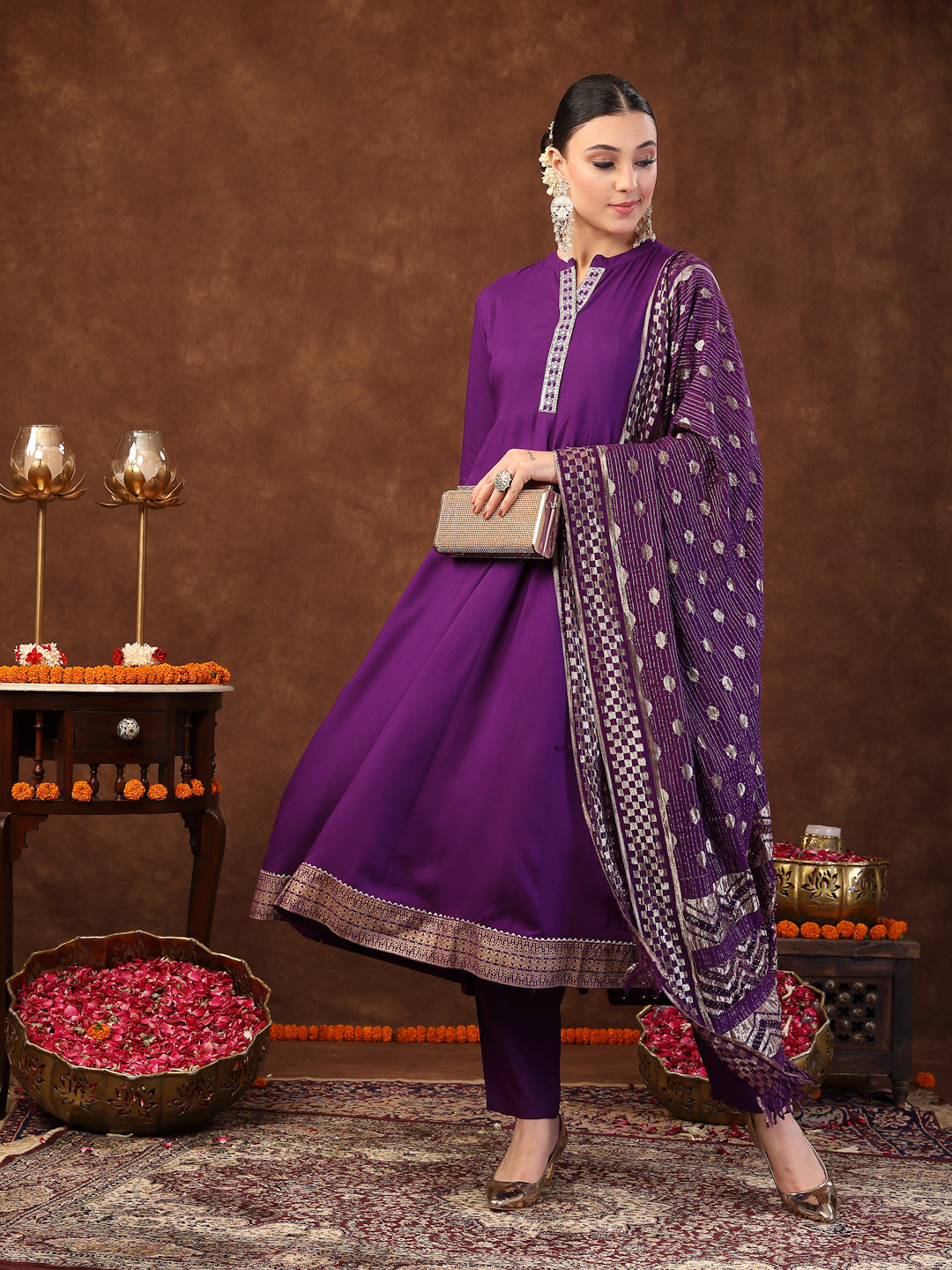 Violet Solid &amp; Embroidered Rayon Anarkali Kurta Pant Dupatta Set