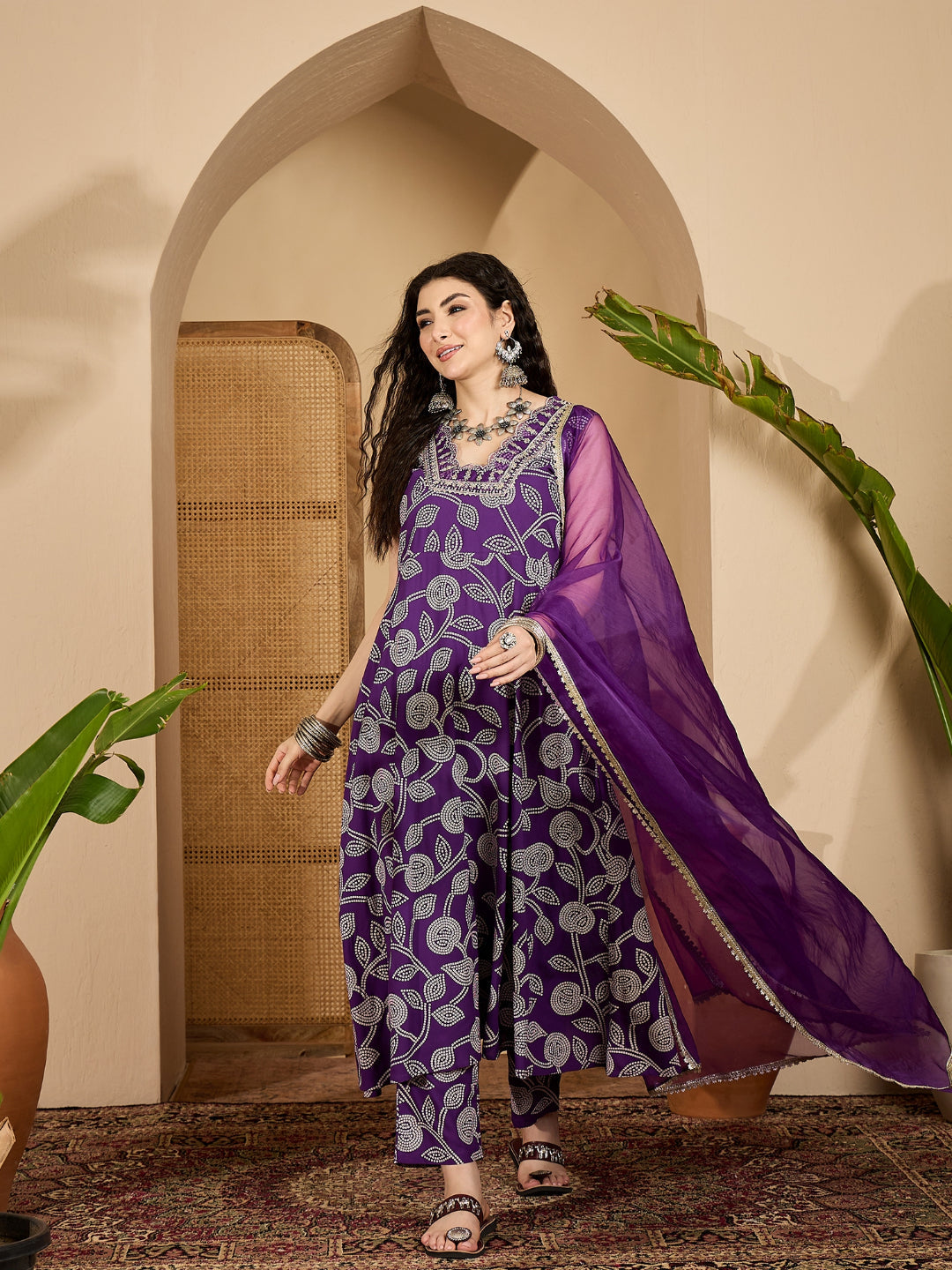 Violet Bandhej Printed & Embroidered Rayon Flared Kurta Pant Dupatta Set