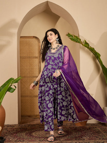 Violet Bandhej Printed & Embroidered Rayon Flared Kurta Pant Dupatta Set