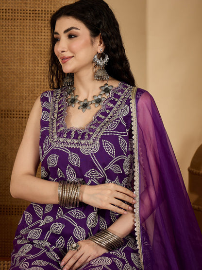Violet Bandhej Printed & Embroidered Rayon Flared Kurta Pant Dupatta Set