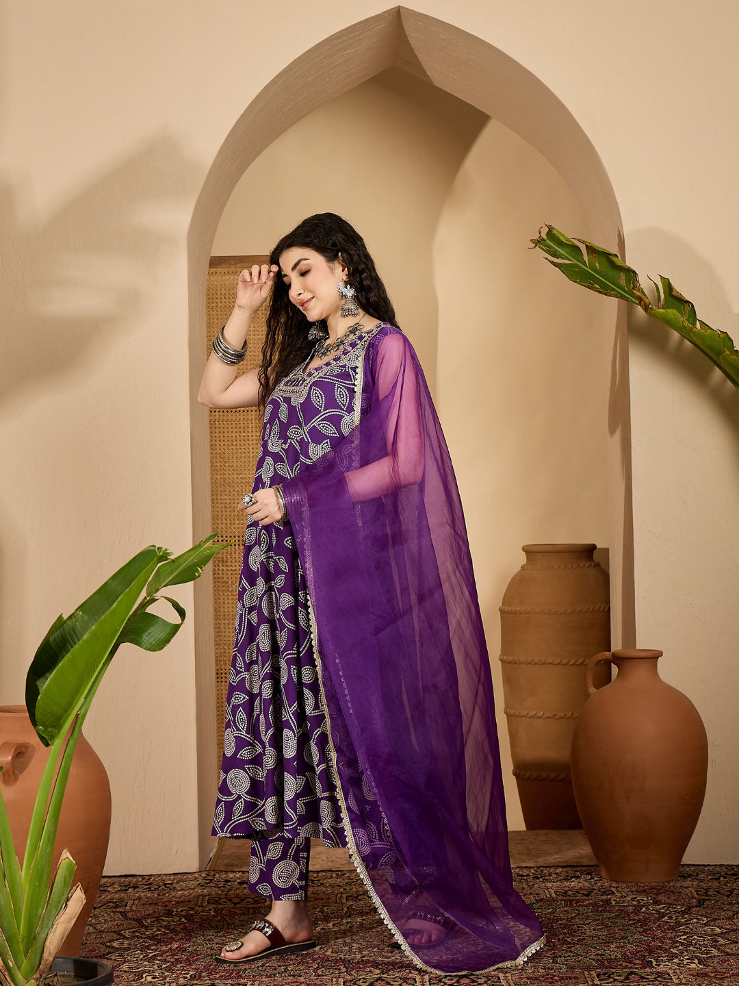 Violet Bandhej Printed & Embroidered Rayon Flared Kurta Pant Dupatta Set