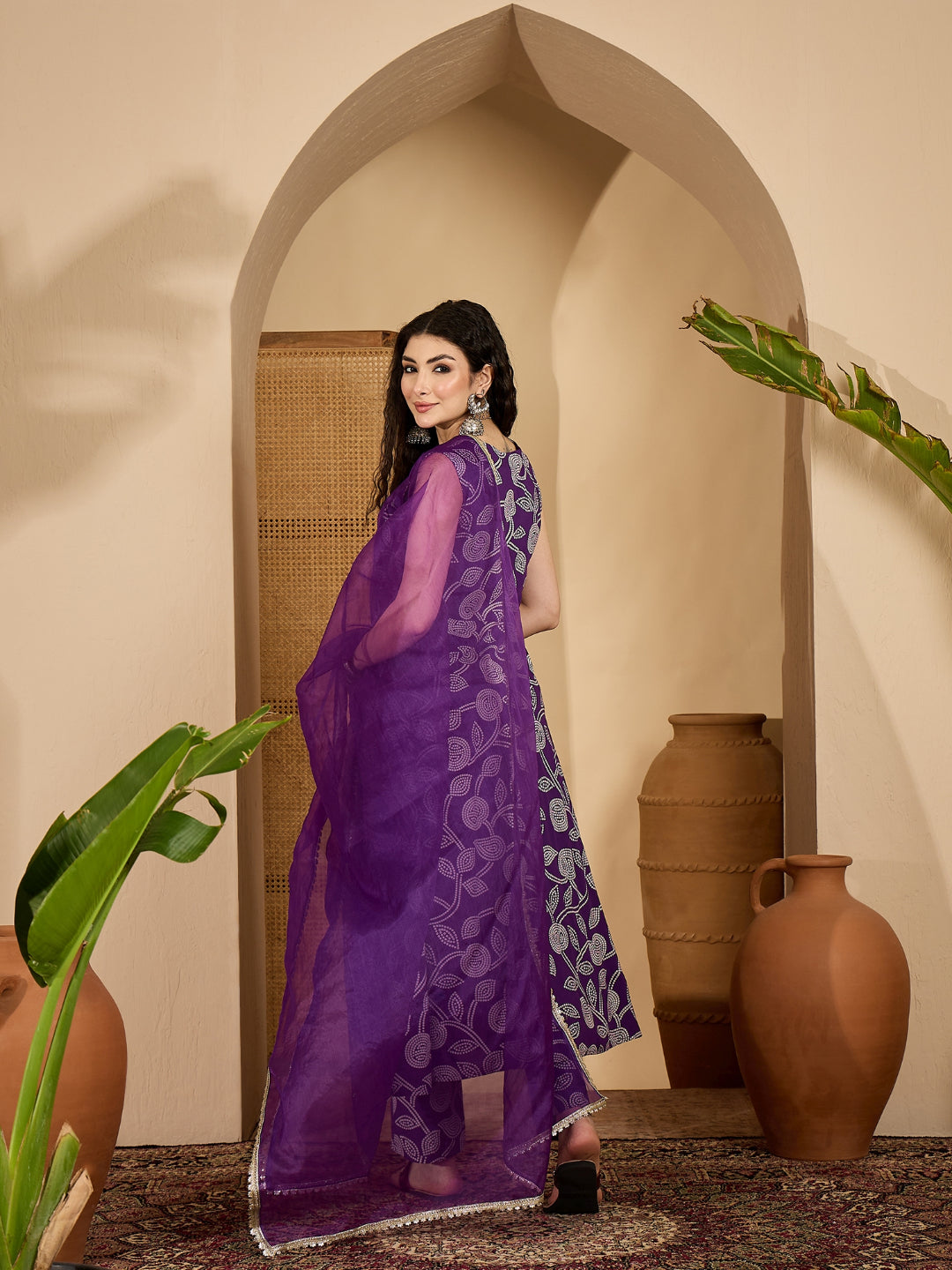 Violet Bandhej Printed & Embroidered Rayon Flared Kurta Pant Dupatta Set