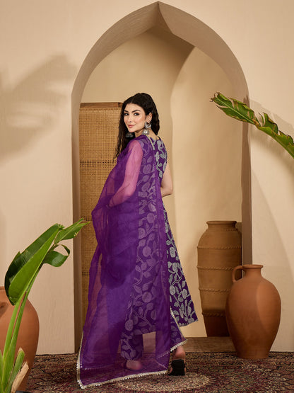 Violet Bandhej Printed & Embroidered Rayon Flared Kurta Pant Dupatta Set