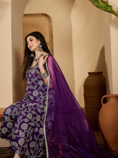Violet Bandhej Printed & Embroidered Rayon Flared Kurta Pant Dupatta Set