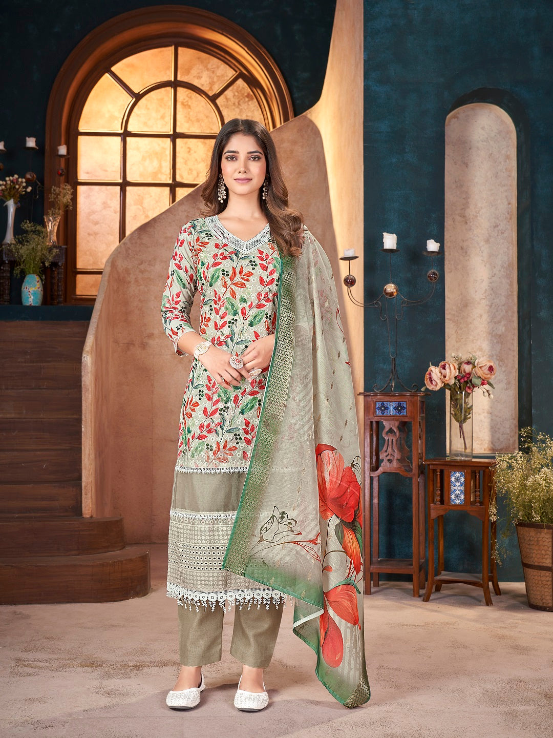 White Tropical Printed &amp; Embroidered Cotton Straight Kurta Pant Dupatta Set