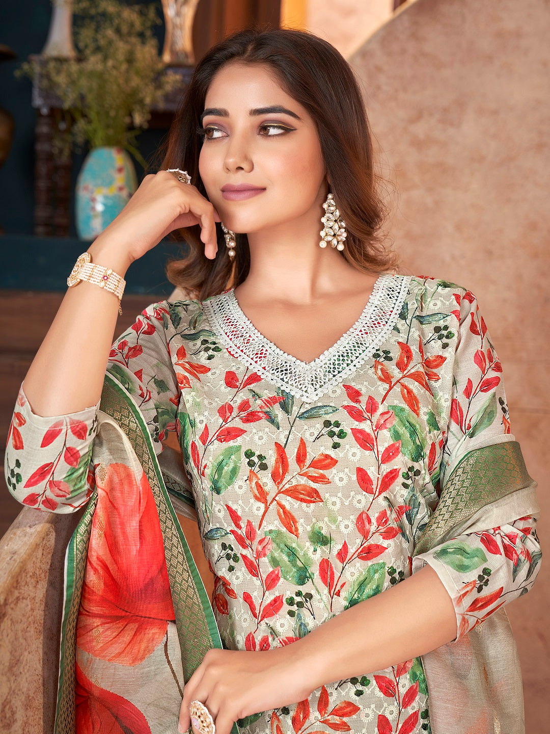 White Tropical Printed &amp; Embroidered Cotton Straight Kurta Pant Dupatta Set