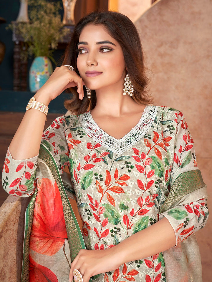 White Tropical Printed &amp; Embroidered Cotton Straight Kurta Pant Dupatta Set