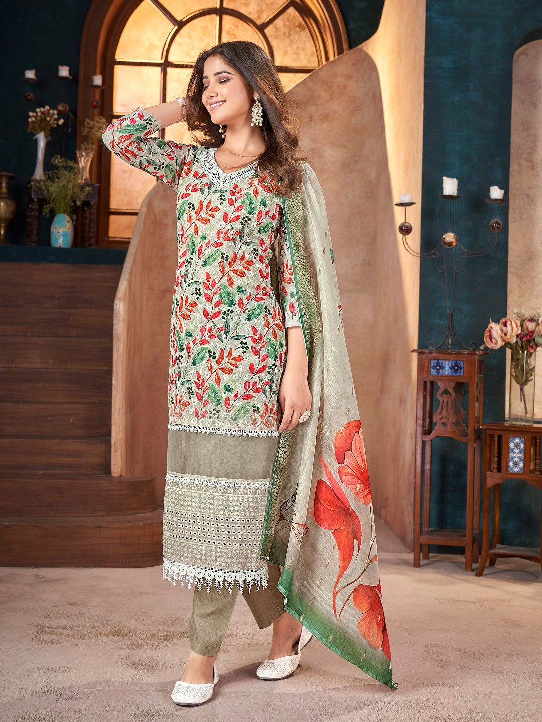 White Tropical Printed &amp; Embroidered Cotton Straight Kurta Pant Dupatta Set