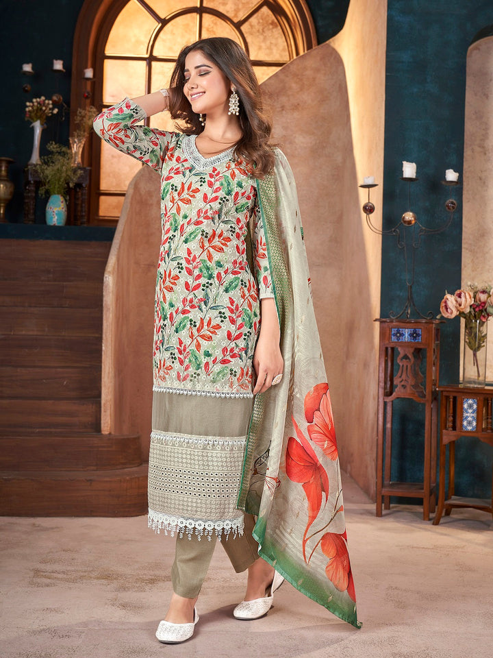White Tropical Printed &amp; Embroidered Cotton Straight Kurta Pant Dupatta Set