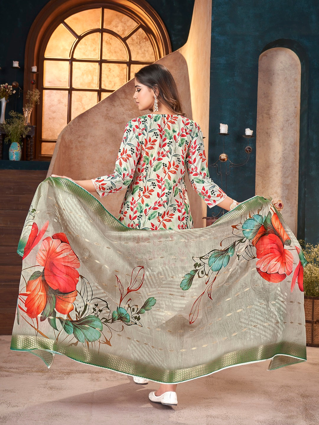 White Tropical Printed &amp; Embroidered Cotton Straight Kurta Pant Dupatta Set