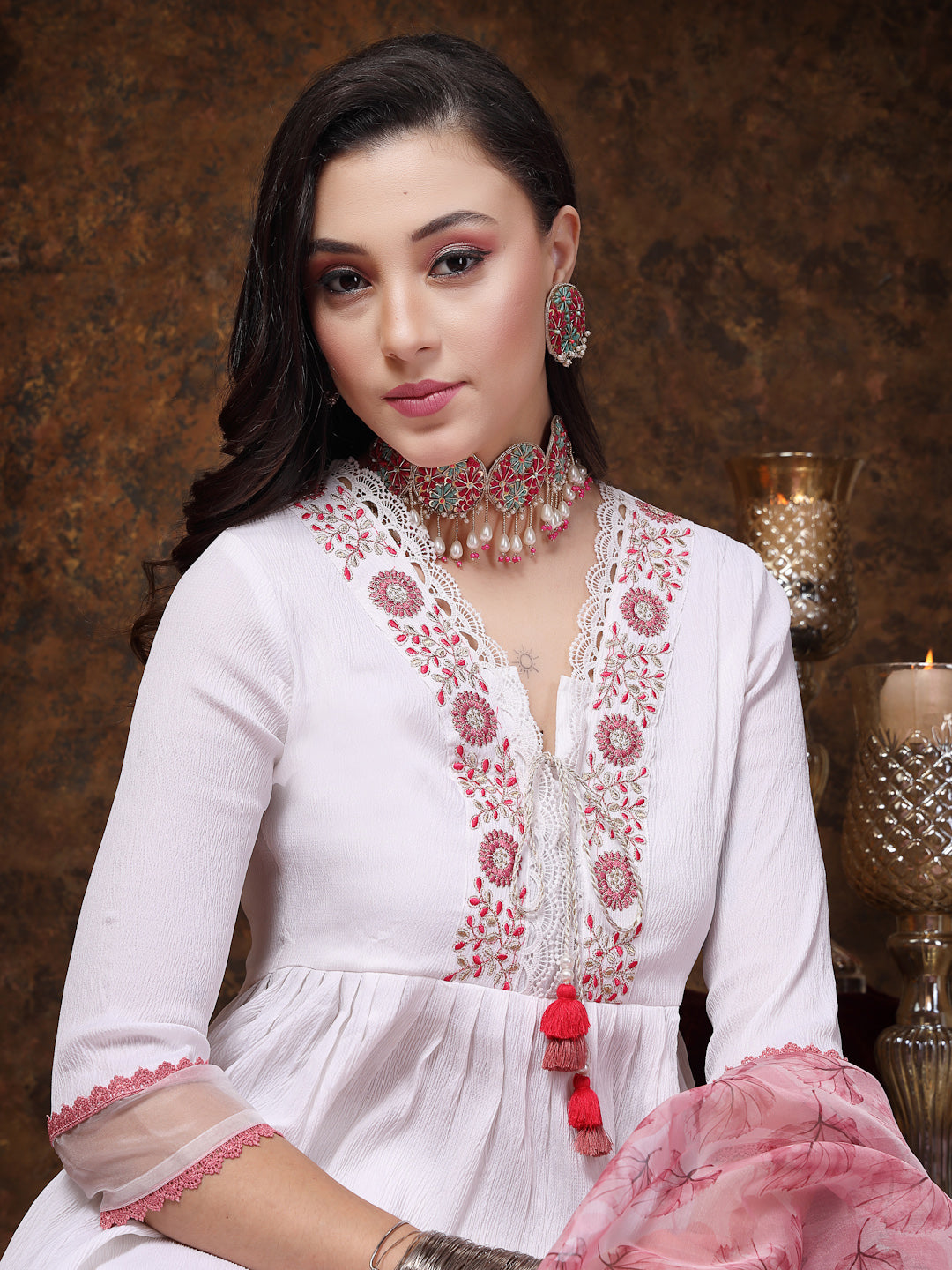 White Solid &amp; Embroidered Italian Crush Anarkali Kurta Pant Dupatta Set