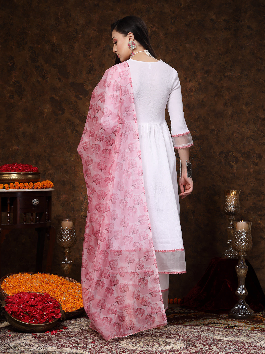 White Solid &amp; Embroidered Italian Crush Anarkali Kurta Pant Dupatta Set