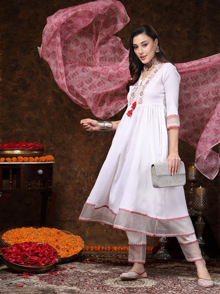 White Solid &amp; Embroidered Italian Crush Anarkali Kurta Pant Dupatta Set