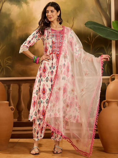 White Ikat Printed & Embroidered Rayon A-Line Kurta Pant Dupatta Set
