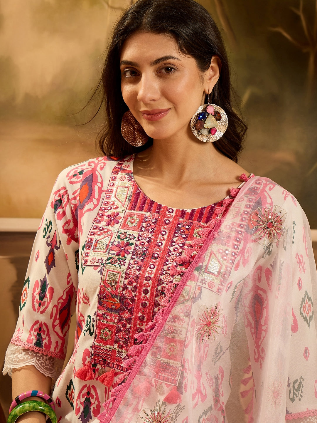 White Ikat Printed &amp; Embroidered Rayon A-Line Kurta Pant Dupatta Set