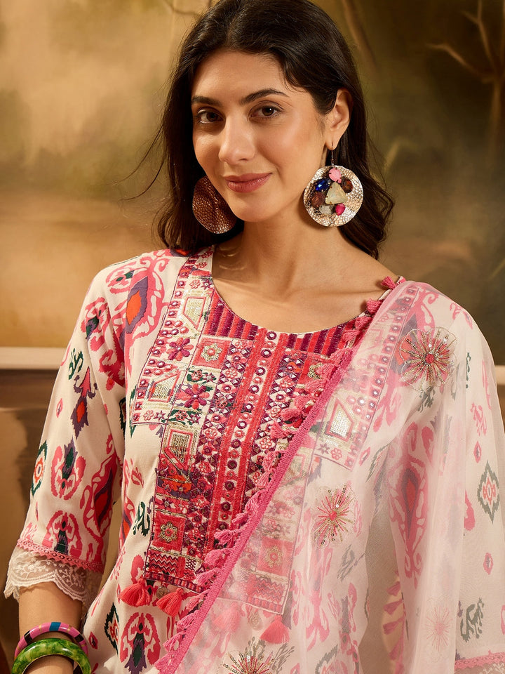 White Ikat Printed &amp; Embroidered Rayon A-Line Kurta Pant Dupatta Set