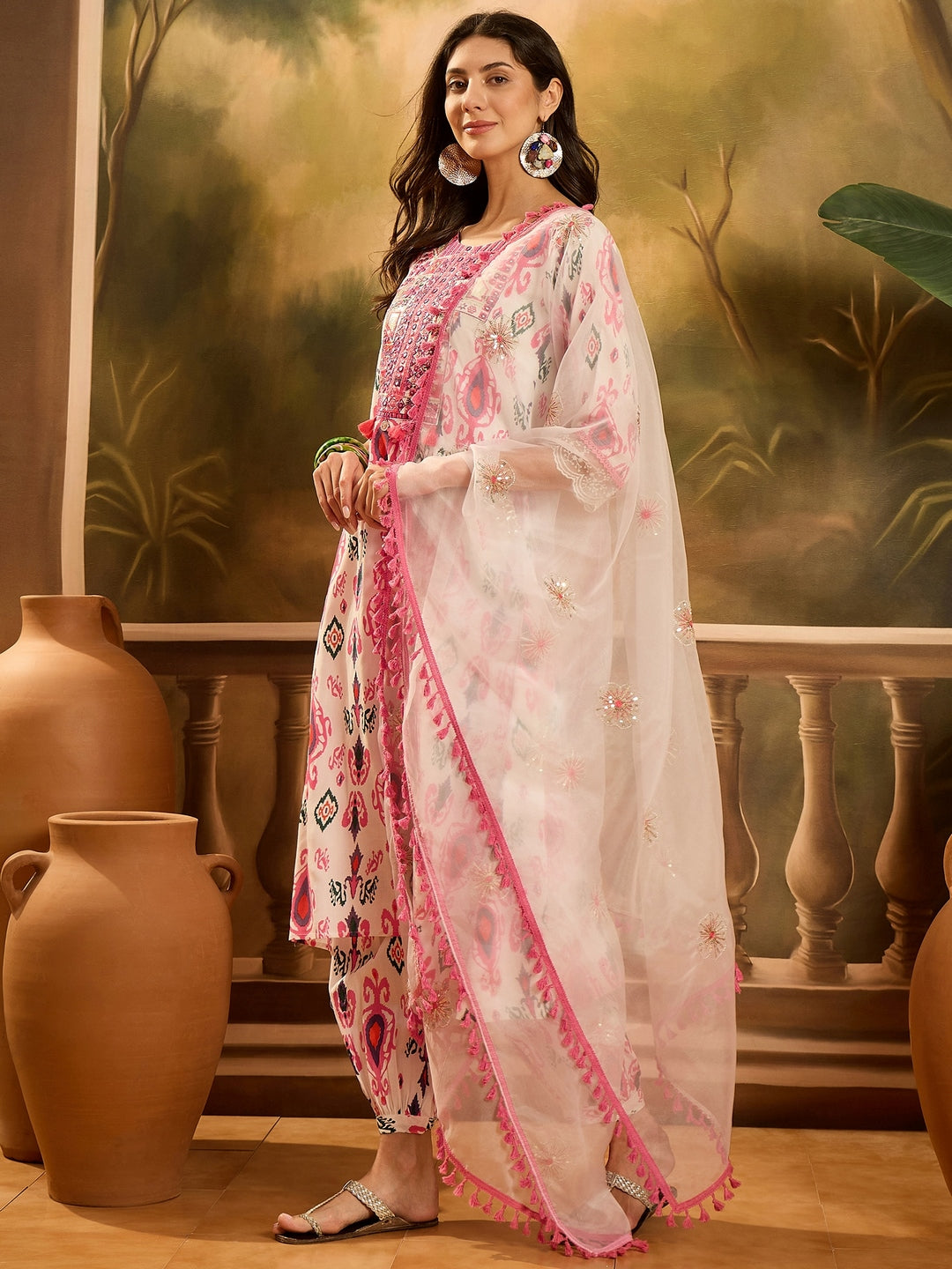 White Ikat Printed & Embroidered Rayon A-Line Kurta Pant Dupatta Set