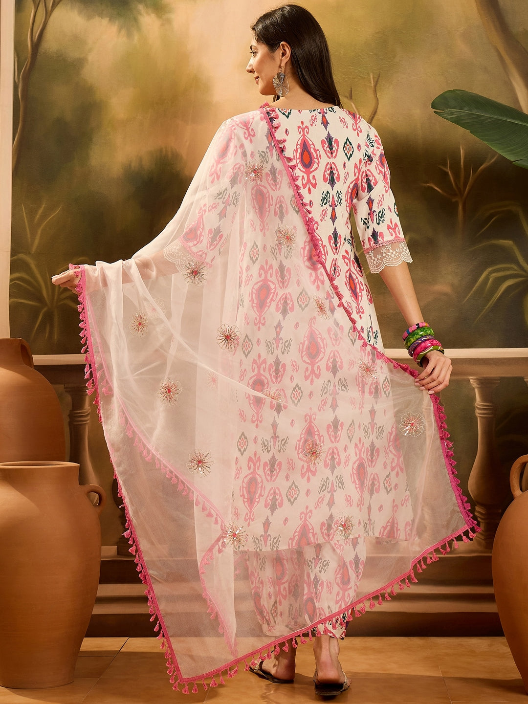 White Ikat Printed &amp; Embroidered Rayon A-Line Kurta Pant Dupatta Set