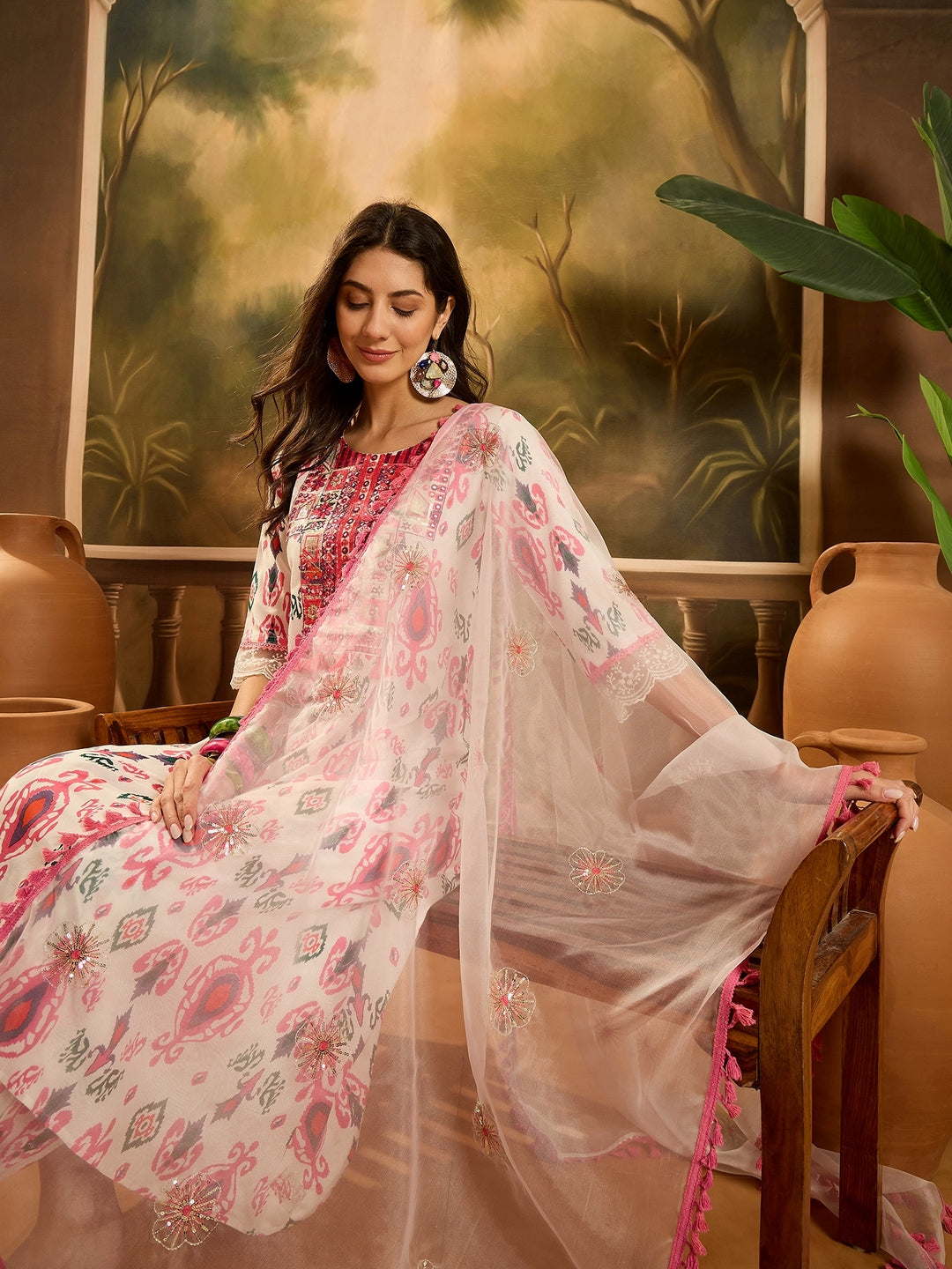 White Ikat Printed &amp; Embroidered Rayon A-Line Kurta Pant Dupatta Set
