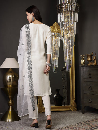 White Pakistani Solid & Embroidered Silk Blend Straight Kurta Pant Dupatta (Pre-Order)