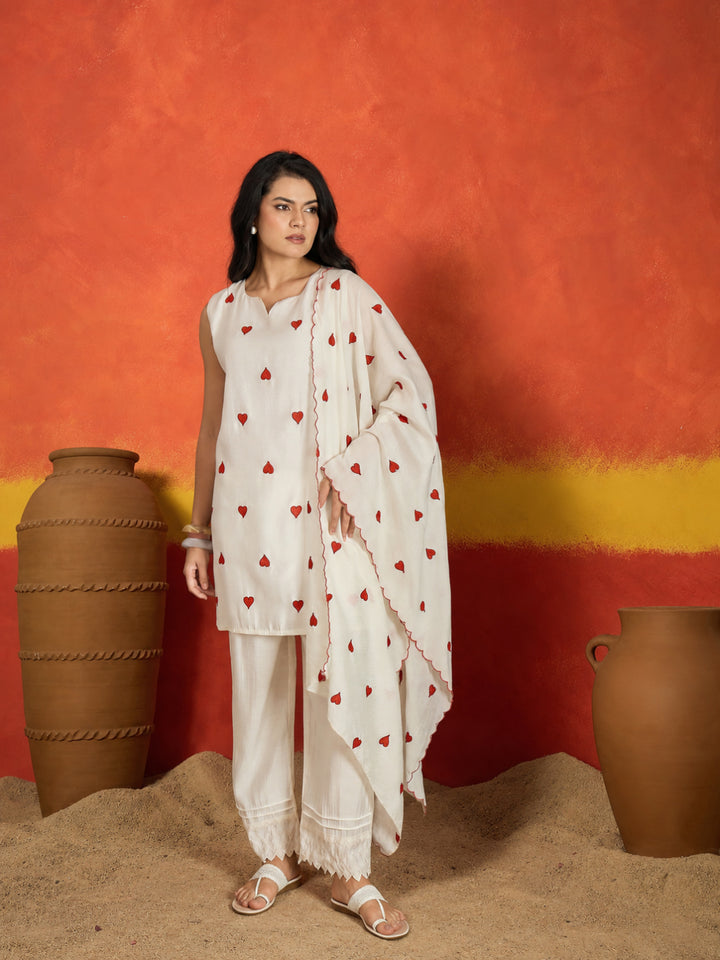 Solid &amp; Embroidered Silk Straight Kurta Pant Dupatta Set