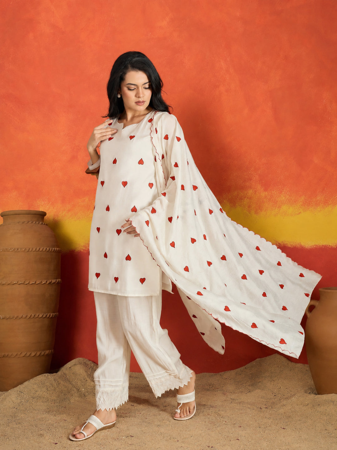 Solid &amp; Embroidered Silk Straight Kurta Pant Dupatta Set
