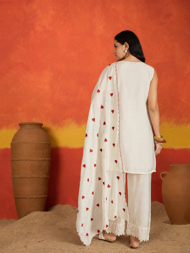 Solid &amp; Embroidered Silk Straight Kurta Pant Dupatta Set