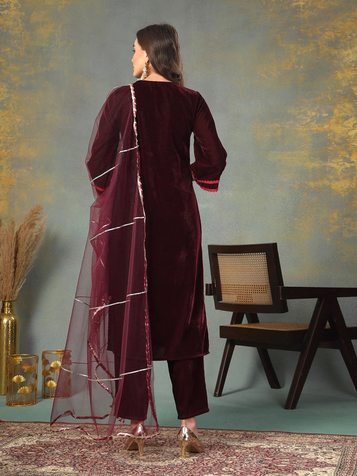 Wine Solid &amp; Embroidered Velvet Straight Kurta Pant Dupatta Set