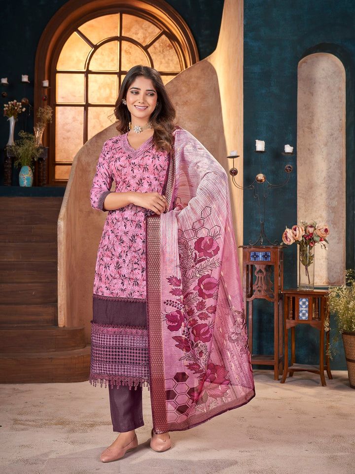 Wine Tropical Printed &amp; Embroidered Cotton Straight Kurta Pant Dupatta Set