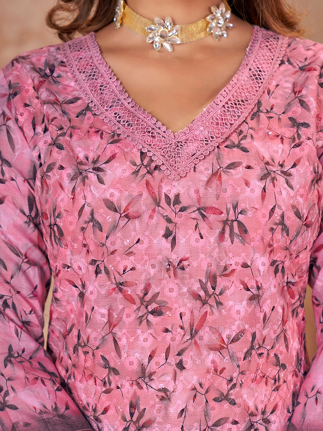 Wine Tropical Printed &amp; Embroidered Cotton Straight Kurta Pant Dupatta Set