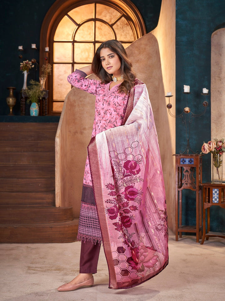 Wine Tropical Printed &amp; Embroidered Cotton Straight Kurta Pant Dupatta Set