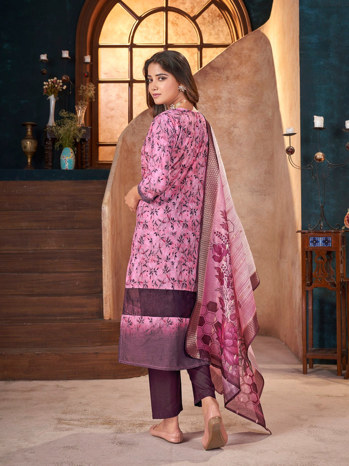 Wine Tropical Printed &amp; Embroidered Cotton Straight Kurta Pant Dupatta Set