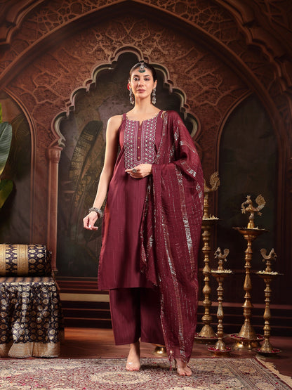 Wine Woven Design & Embroidered Cotton Blend Straight Kurta Palazzo Dupatta Set (Pre-Order)
