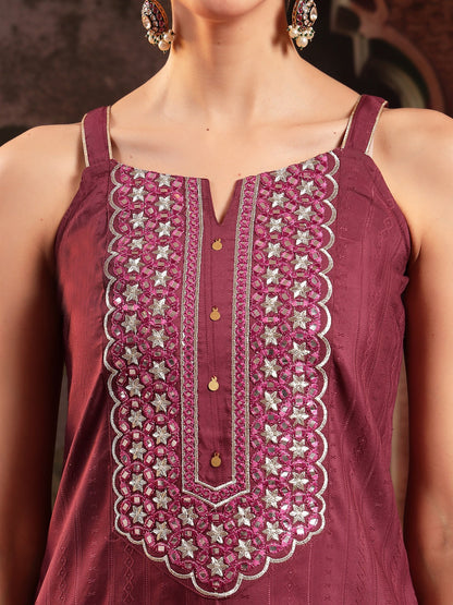 Wine Woven Design & Embroidered Cotton Blend Straight Kurta Palazzo Dupatta Set (Pre-Order)