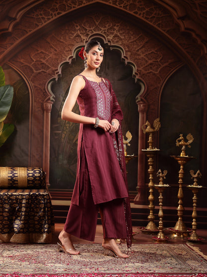Wine Woven Design & Embroidered Cotton Blend Straight Kurta Palazzo Dupatta Set (Pre-Order)