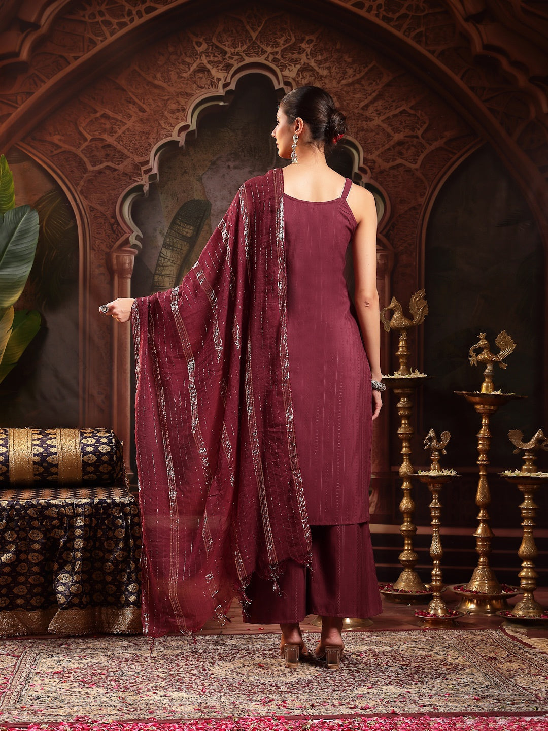 Wine Woven Design & Embroidered Cotton Blend Straight Kurta Palazzo Dupatta Set (Pre-Order)