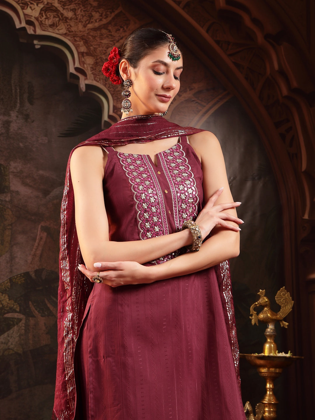 Wine Woven Design & Embroidered Cotton Blend Straight Kurta Palazzo Dupatta Set (Pre-Order)