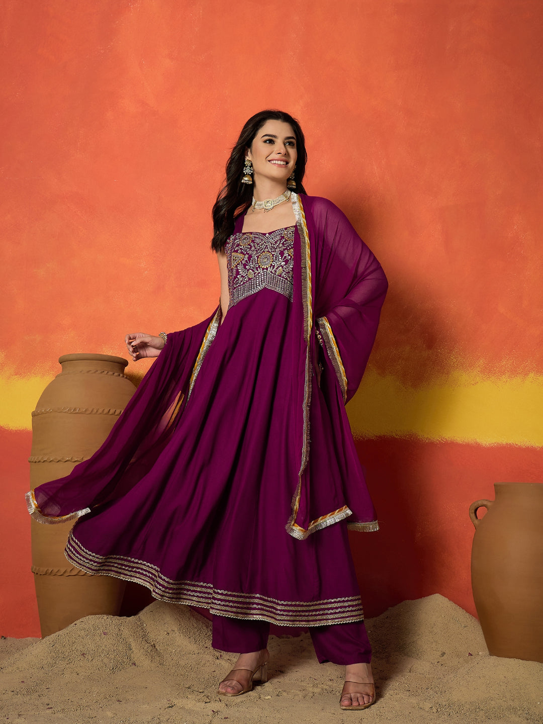 Solid &amp; Embroidered Rayon Anarkali Kurta Pant Dupatta Set