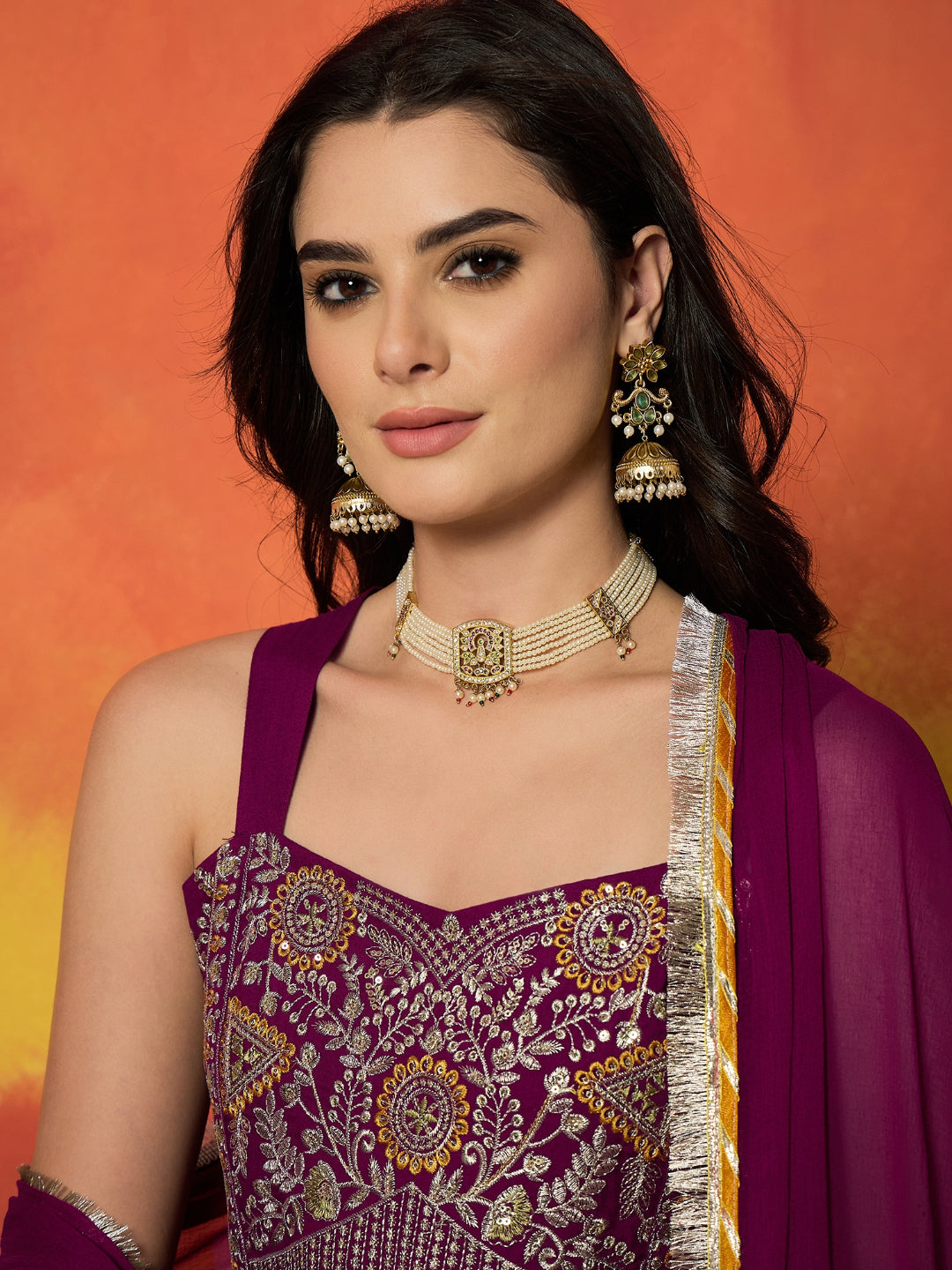 Solid &amp; Embroidered Rayon Anarkali Kurta Pant Dupatta Set