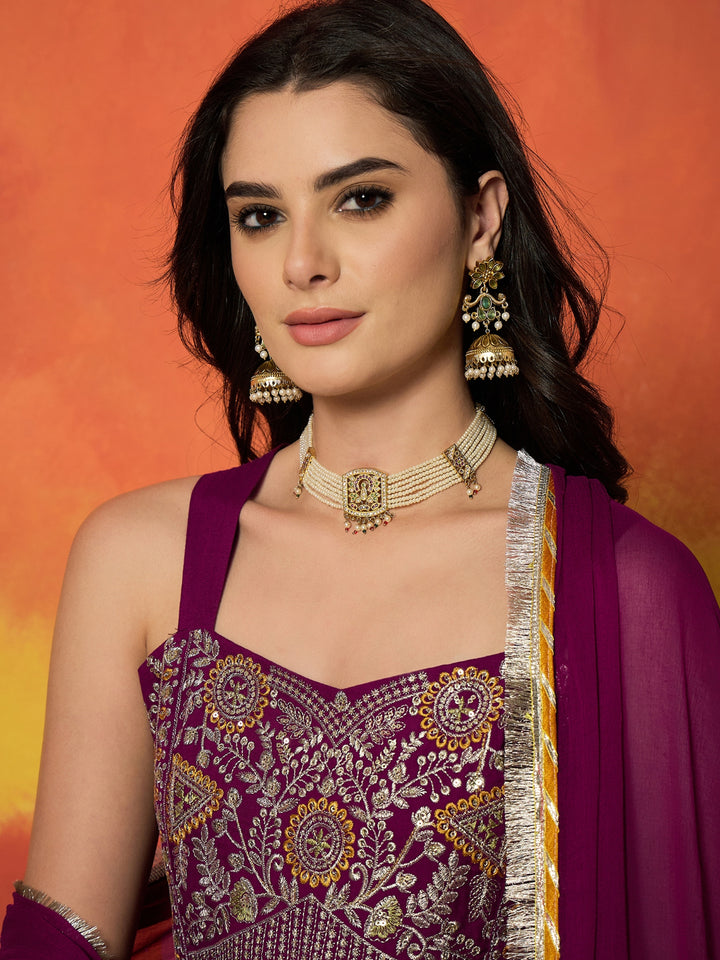Solid &amp; Embroidered Rayon Anarkali Kurta Pant Dupatta Set