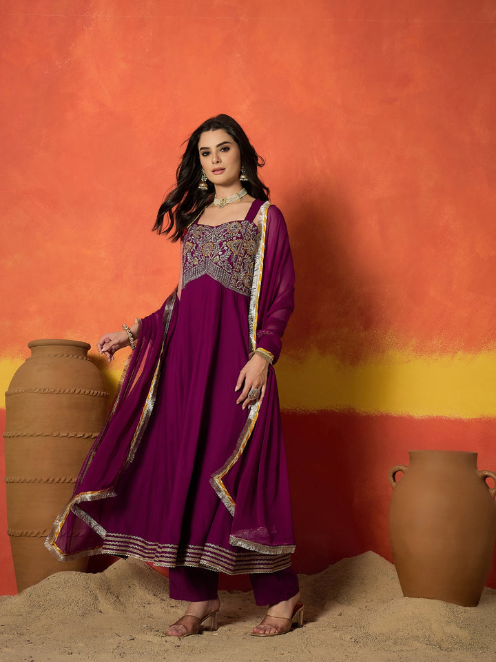 Solid &amp; Embroidered Rayon Anarkali Kurta Pant Dupatta Set