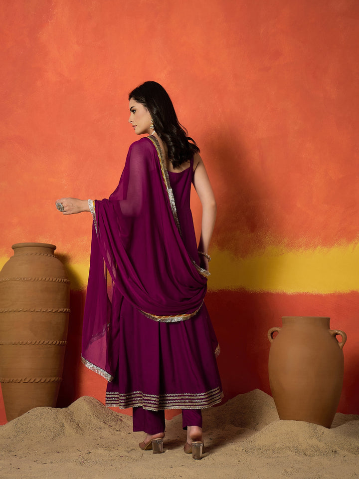 Solid &amp; Embroidered Rayon Anarkali Kurta Pant Dupatta Set
