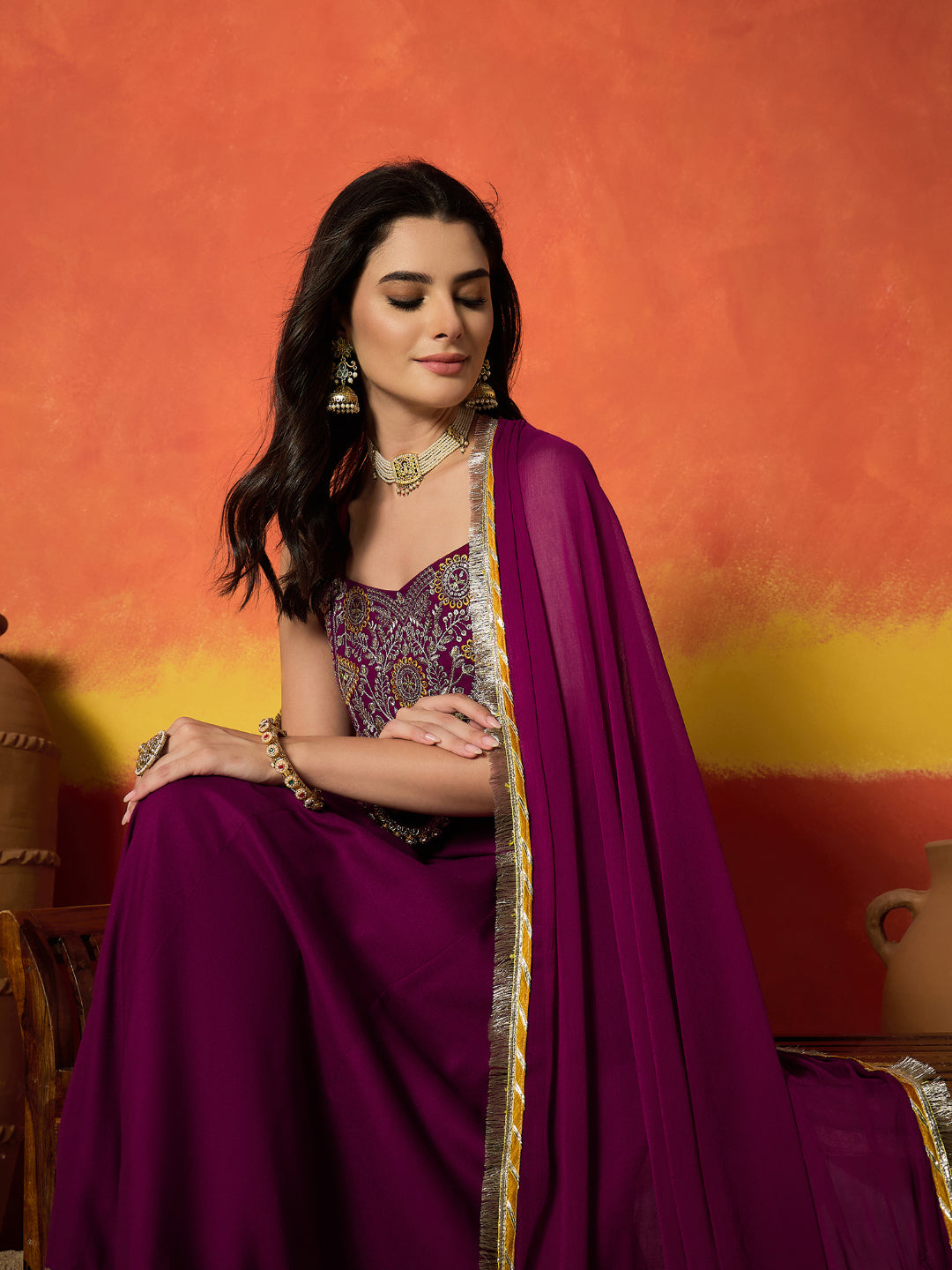 Solid &amp; Embroidered Rayon Anarkali Kurta Pant Dupatta Set
